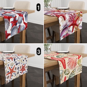 Red Starfish Table Runner, Seashell Design Marine Life Table Runner, Coastal Nautical Custom Table Runner, Mediterranean Beach House Decor