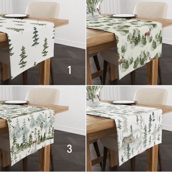 Pine Tree & Deer Table Runner, Floral Christmas Kitchen Runner, Winter Table Linens, Christmas Gift, Green White Runner, All Sizes