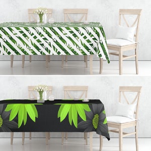 Floral Green Leaves Tablecloth, Black Plaid Flowers Table Cover, Dining Room Runner, All Sizes Tablecloth, Custom Tablecloth