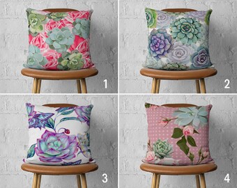 Succulent & Cactus Flower Pillow Cover, Floral Pink Cushion Cover, Decorative Plant Pillow Case, Any Size Pillow, 18x18, 20x20, Cover Only