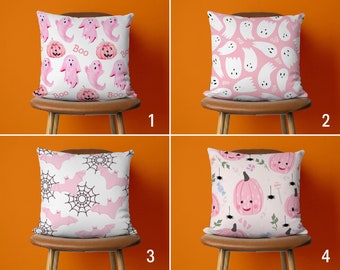 Cute Pink Halloween Pillow Cover, Halloween Ghost Pumpkin Bat Pillow Case, Boo Cushion Cover, Halloween Decor, Spooky Custom Pillow Cover