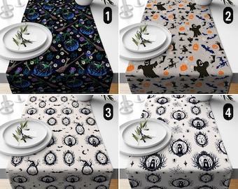 Halloween Table Runner, Spooky Ghost Bat Witch & Creepy Trees Table Runner, Halloween Party Decor, Black Gothic Tablecloth,Dining Room Decor