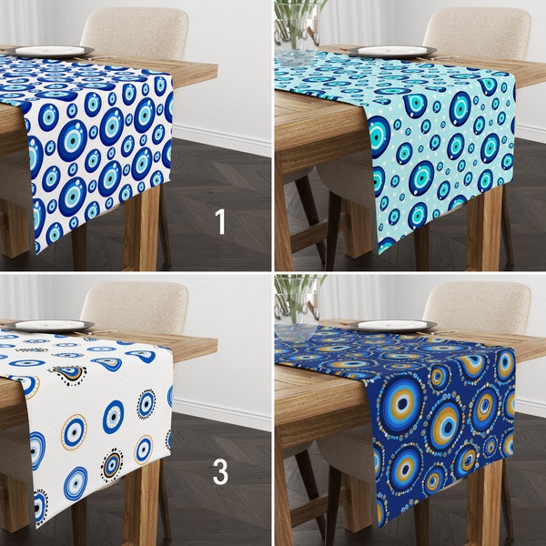 Blue Evil Eye Table Runner, Blue Bead Table Runner, Turkish & Greek Style Tablecloth, Any Size Runner, Dining Room Decor, Good Luck Gift