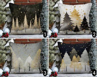 Pine Tree Design Pillow Cover, Black Gray Yellow Pine Forest Pillow Case, Winter New Year Cushion Cover, Christmas Decor Gift, 14x14, 16x16