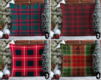 May include: Four different plaid pillow covers with red, green, and black patterns. The pillow covers are arranged in a grid pattern with numbers 1 through 4 in the bottom right corner of each image.
