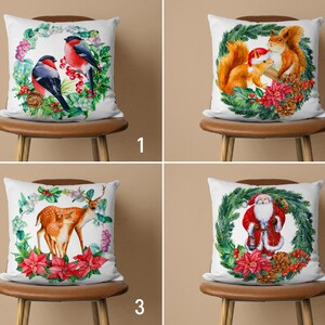Federa per cuscino con ghirlanda di animali e Babbo Natale, gioiosa federa natalizia, fodera per cuscino floreale di Capodanno, regalo di Natale, cuscino con opzione dimensione