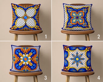 Tile Design Pillow Cover, Spanish Tile Cushion Cover, Blue Orange Yellow Mediterranean Pillow Case, Any Size Pillow, 20x20 18x18 16x16