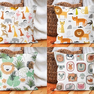 Nursery Room Pillow Cover, Wild Animals Cushion, Lion & Monkey Pillow Case, Kids Room Decor, Custom Size Pillow, Cover Only, 14x14 16x16