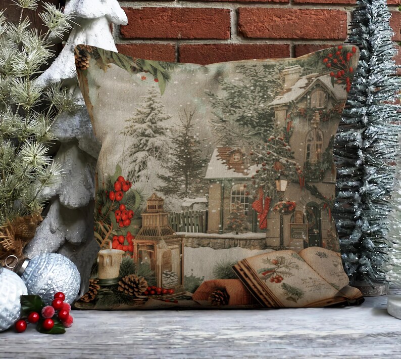 May include: A decorative throw pillow with a winter scene featuring a snow-covered house, trees, and a lantern. The pillow has a beige background with red berries and a vintage book.