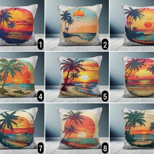 May include: Set of 9 throw pillow covers featuring a sunset beach scene with palm trees. The pillows are white with a colourful design.