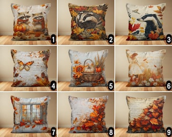 Cozy & Boho Fall Throw Pillow Cover, Autumn Raccoon Pumpkin Leaves Pillow Case, Rustic Orange Pillow Cover, Thanksgiving Gift,Bohemian Decor