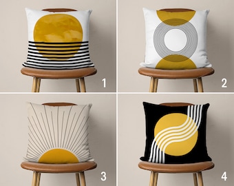 Mid Century Modern Pillow Cover, Boho Sun Pillow Case, Abstract Black & Dark Yellow Cushion Cover, Living Room Decor, Any Size, Only Cover