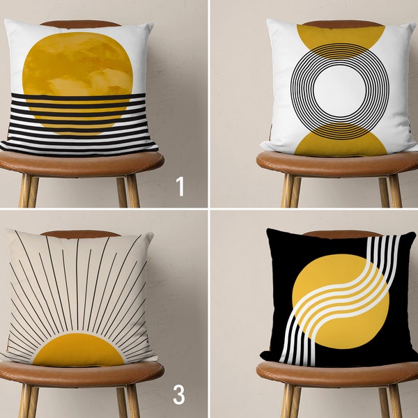 Funda de almohada moderna de mediados de siglo, funda de almohada Boho Sun, funda de cojín abstracta en negro y amarillo oscuro, decoración de sala de estar, cualquier tamaño, solo cubierta