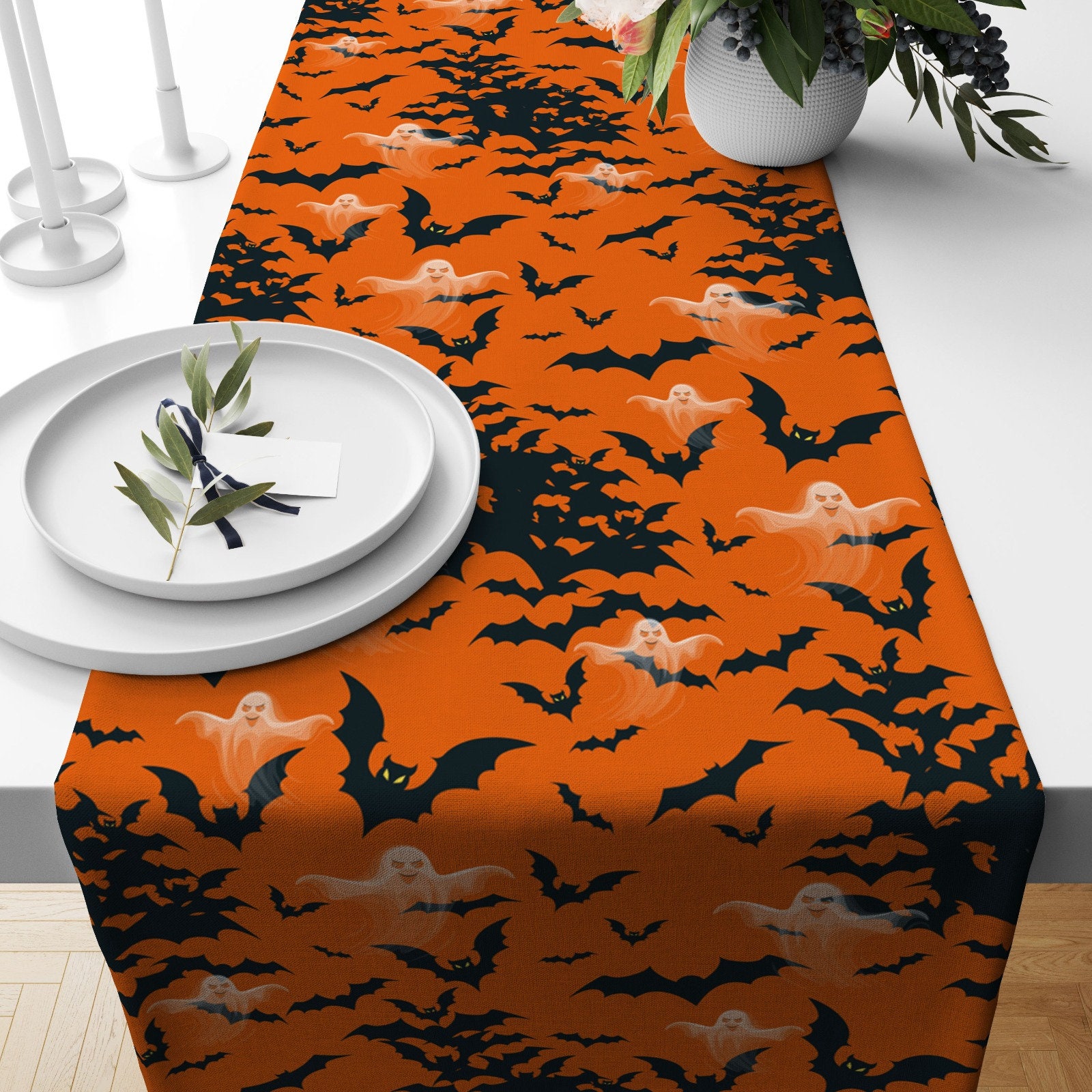 Orange & Black Halloween Table Runner, Black Cat and Bat Table Runner ...
