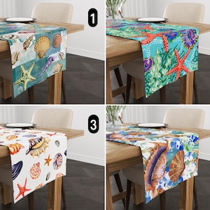 Seashell Starfish Table Runner, Coastal Nautical Table Runner, Ocean Marine Life Table Runner, Elegant Abstract Summer Beach House Decor