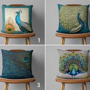 Luxury Style Peafowl Pillow Case, Peacock Feather Cushion Cover, Teal Blue & Cream Color Animal Print Pillow Cover, Farmhouse Decor