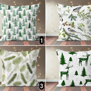 Federa per cuscino con albero invernale verde, fodera per cuscino con pini natalizi e uccelli e cervi, fodera per cuscino rustica sempreverde per le feste, arredamento accogliente per la casa, 22x22