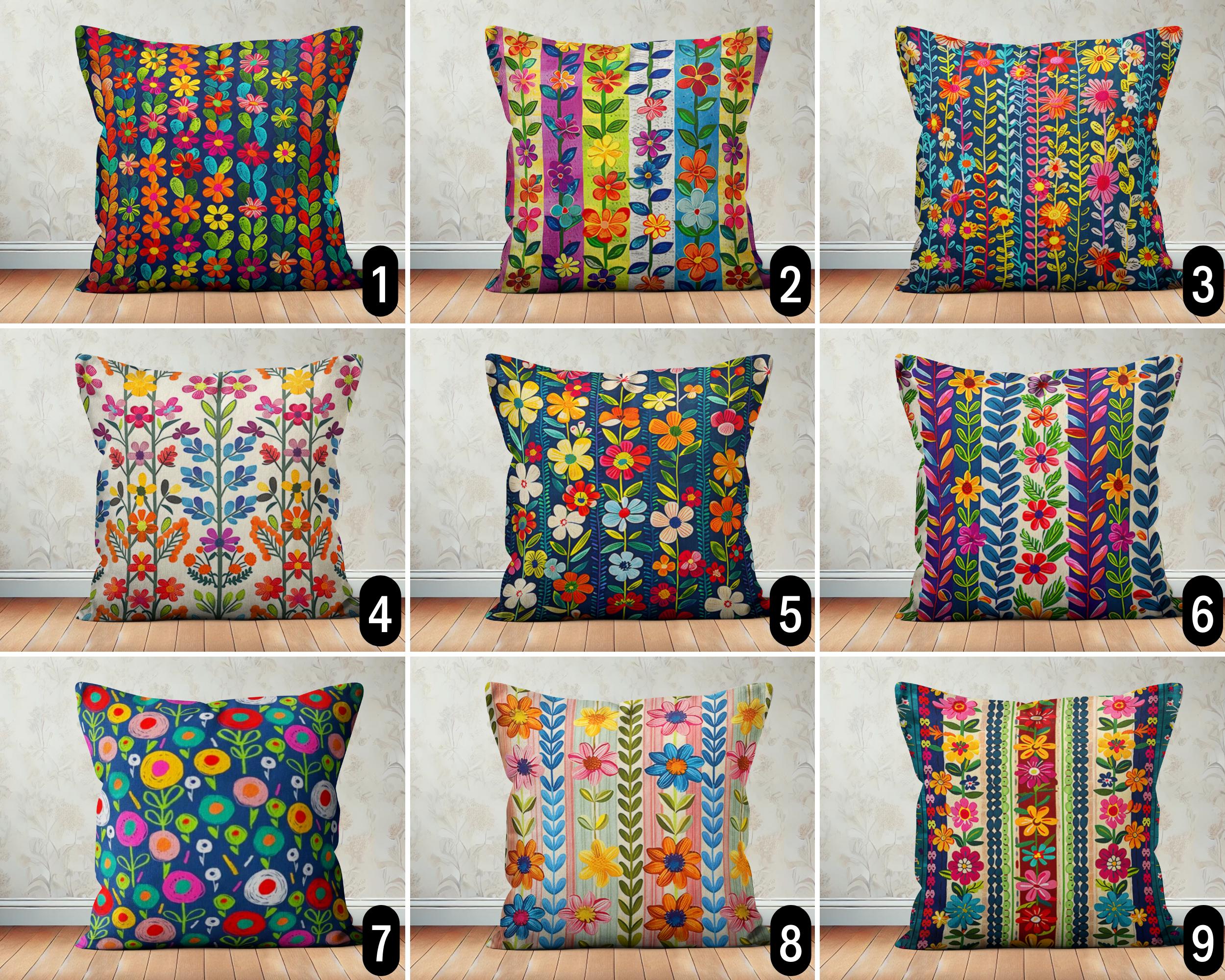 Capa de almofada floral vibrante e colorida, capa de almofada com flores abstratas e vivas, fronha listrada moderna com flores silvestres estilo boho, decoração eclética para casa