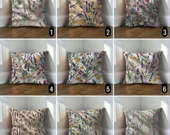 Wildflower Botanical Pillow Cover, Lavender Daisy Lumbar Cushion Case, Cottagecore Decor