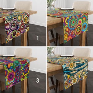 Boho Bunter Mandala-Tischläufer, lebendige abstrakte Kreismuster Läufer, ethnischer moderner lebendiger Tischläufer, vielseitiges Esszimmerdekor