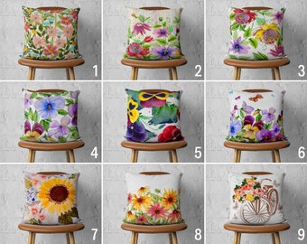 Floral Paintings Pillow Case, Spring Pillow Cover, Colorful Flowers Cushion Cover, Any Size Pillow, 18x18, 20x20, Handmade Pillow