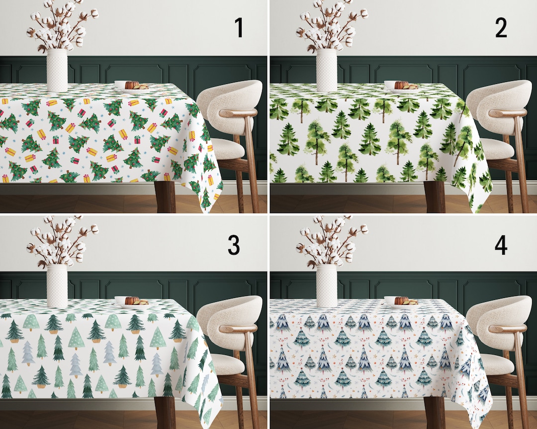 Pine Trees Tablecloth, Green Christmas Trees Tablecloth, Joyful Winter ...
