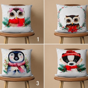 Cute Animal Pillow Cover, Owl & Penguin Cushion Cover, Winter Pillow Case, Winter Decoration, Bedding Decor, Any Size Pillow, 20x20 18x18