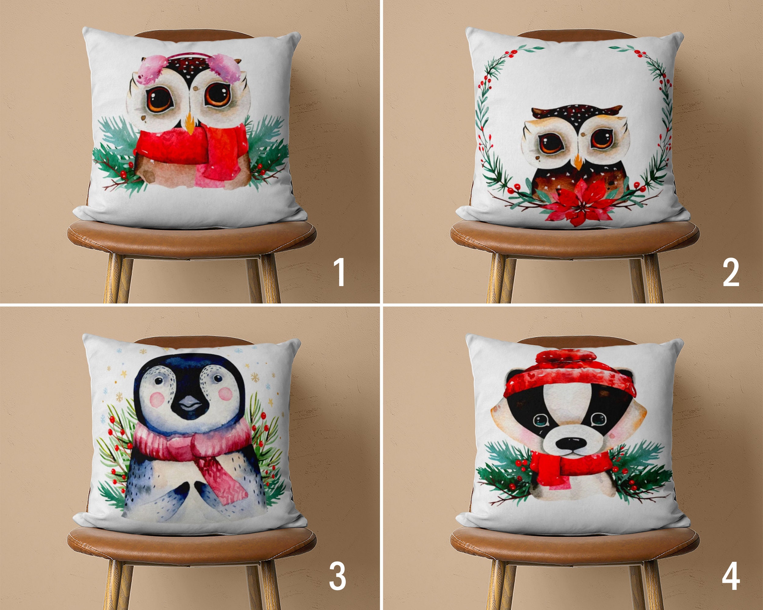 Cute Animal Pillow Cover, Owl & Penguin Cushion Cover, Winter Pillow Case, Winter Decoration, Be