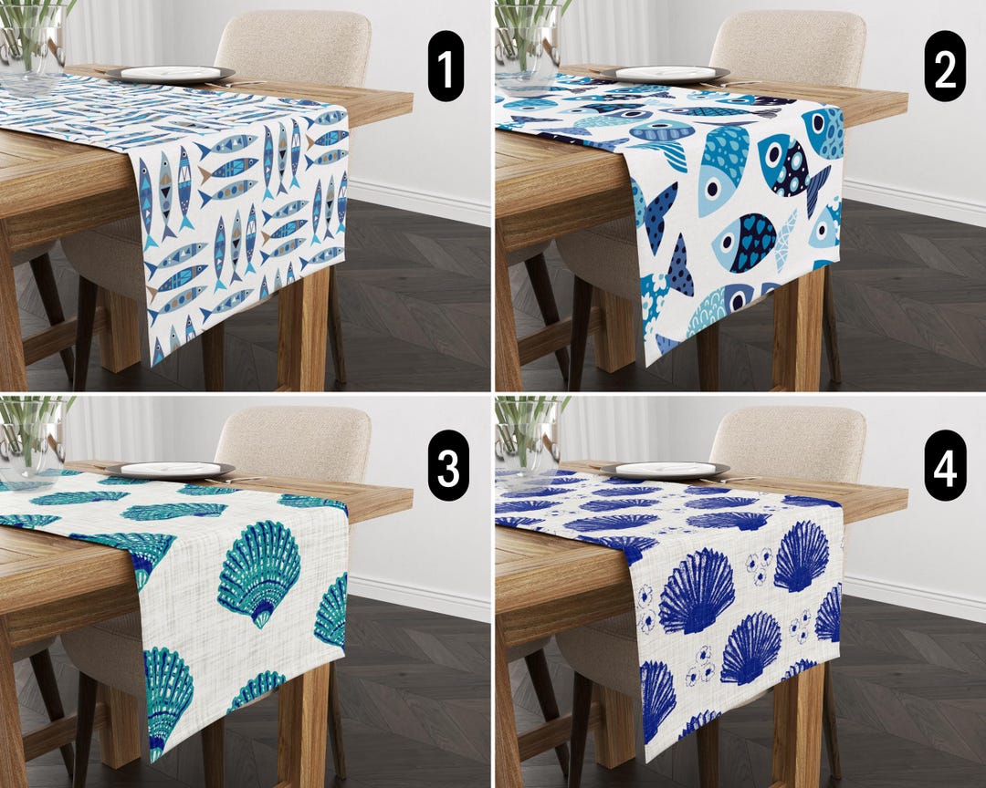 Runner Seashell Blue Fish Seashells Table Runner, Marine Sea & Ocean Life Runner ...