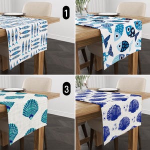Blue Fish Seashells Table Runner, Marine Sea & Ocean Life Runner, Nautical Kitchen Table Runner, Beach House Decor, Coastal Summer Runner