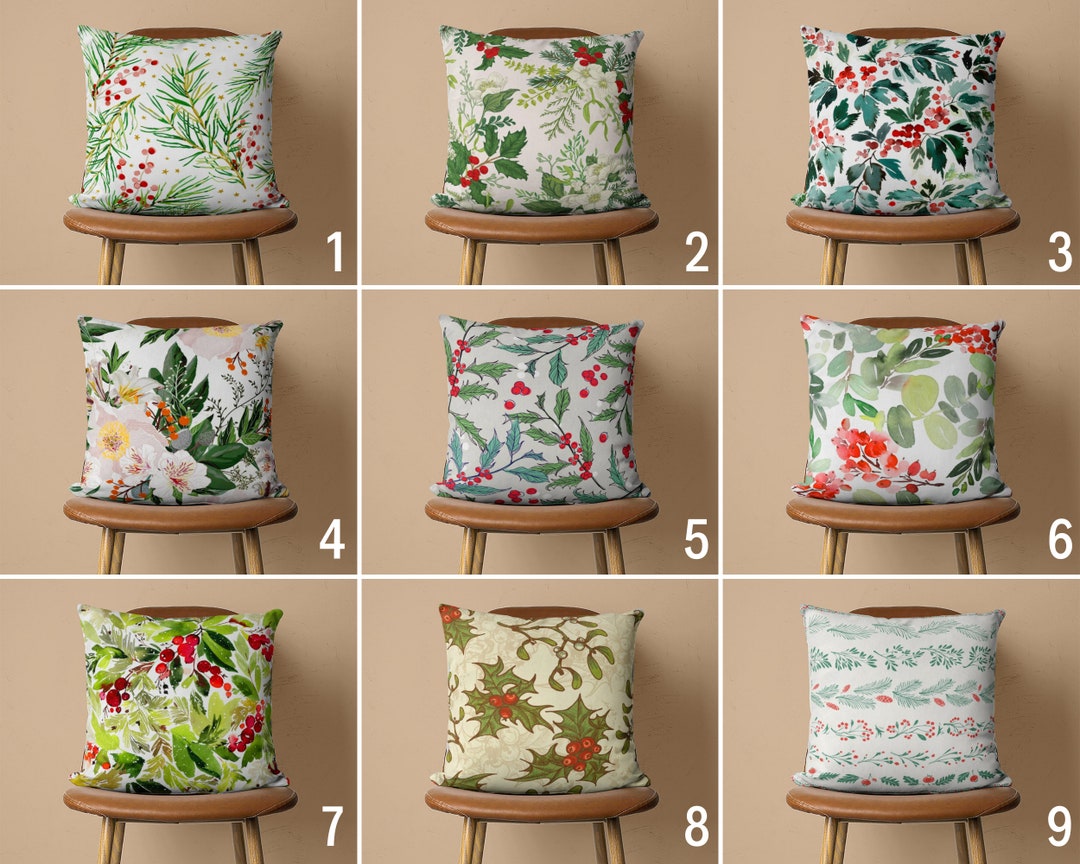 Holly & Red Berry Flower Pillow Case, Pine Berry Cushion Cover, Floral ...