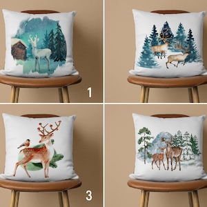 Watercolor Deer Pillow Case, Forest Pillow Cover, Winter Cushion Cover, Cabin Decoration, Any Size Pillow, Christmas 18x18, 20x20 16x16