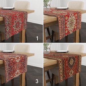 May include: Four images of a wooden table with a red, white and blue patterned table runner. The table runner has a geometric design with a central medallion. The table runner is approximately 35 cm wide and 178 cm long.