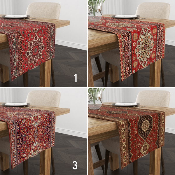 Digital Print Rug Design Table Runner, Red Ethnic Kitchen Runner, Turkish Pattern Tablecloth, Authentic Decor, Any Size Table Runner