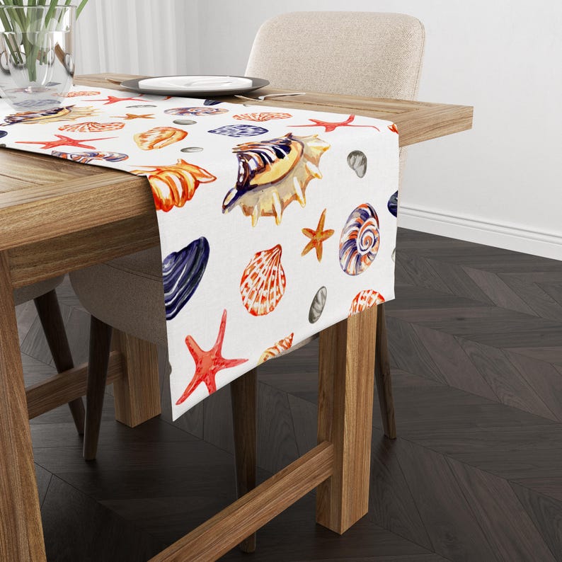 Runner Seashell Seashell Starfish Table Runner, Coastal Nautical Table Runner, Ocean ...