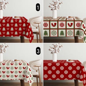 May include: Four different Christmas tablecloths with various red and green patterns. The tablecloths feature designs of snowflakes, Christmas trees, and birds.