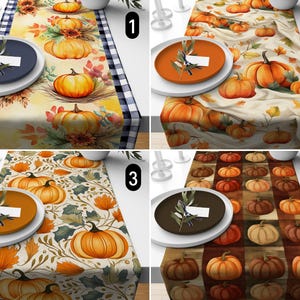 Könnte beinhalten: Vier verschiedene Tischläufer-Designs mit Herbstthema. Die Designs beinhalten Kürbisse, Blätter und ein Karomuster. Die Tischläufer sind alle 35,5 cm breit und 177,8 cm lang.