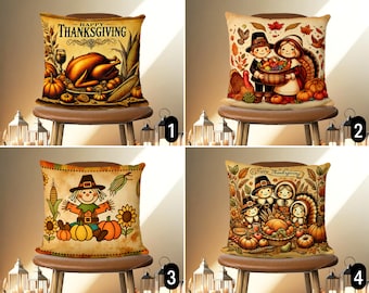 Happy Thanksgiving Pillow Cover, Autumn Cushion Cover, Vintage Style Throw Pillow Case, Thanksgiving Gift, Any Size, Cute Home Decor, 18x18