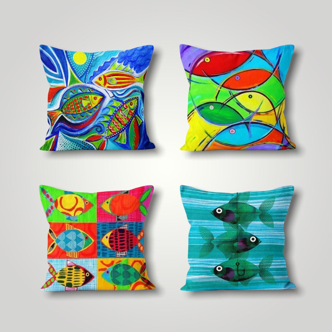 Colorful Fish Pillow Case Vivid Coastal Cushion Cover Etsy