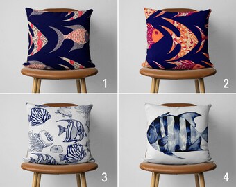 Fish Throw Pillow Cover, Nautical Dark Blue Pillow Case, Coastal Cushion Cover, Beach House Decor, Ocean House Decor, Marine Pillow