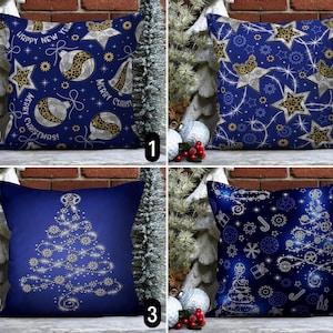 Federa per cuscino natalizia blu navy, federa per cuscino con albero di pino e stelle e palline di ornamento, federa per cuscino di lusso per le vacanze invernali, arredamento per la casa festivo