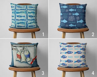 Blue Fish Pillow Cover,  Coastal Cushion Cover, Blue Ocean Nautical Pillow Cover, Beach House Decor, Coastal Design, Custom Size Pillow
