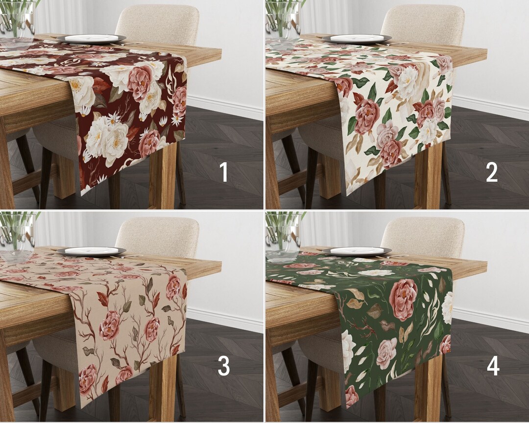 Rose Flower Table Runner, Boho Floral Kitchen Runner, Claret Red Green
