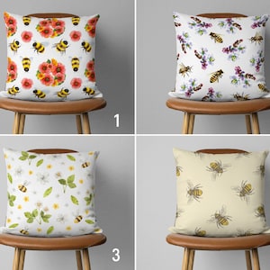 Cute Bee Pillow Cover, Honeybee Pillow Case, Bee on Flowers Cushion Cover, Animal Home Decor, Any Size Pillow, Decorative Pillow Cover