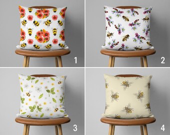 Cute Bee Pillow Cover, Honeybee Pillow Case, Bee on Flowers Cushion Cover, Animal Home Decor, Any Size Pillow, Decorative Pillow Cover
