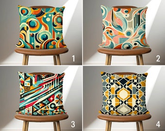 May include: Four different throw pillow designs with geometric patterns in shades of blue, yellow, orange, red, and white. The pillows are displayed on brown chairs with a light background.