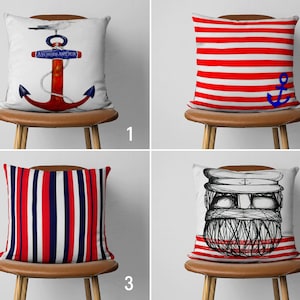 Nautical Striped Pillow Cover, Anchor Pillow Case, Blue Red White Cushion Cover, Coastal House Decor, Any Size Pillow, Marine Decor