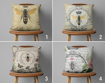 Bee Pillow Cover, Vintage Style Handmade Pillow Case, Queen Bee Cushion Cover, Animal Home Decor, Any Size Pillow, Cover Only
