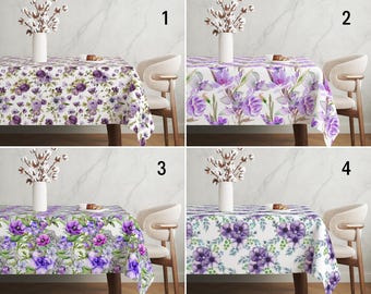 Nappe fleurs violettes, aquarelle classique et nappe florale élégante, nappe romantique printemps-été, décoration de salle à manger shabby chic
