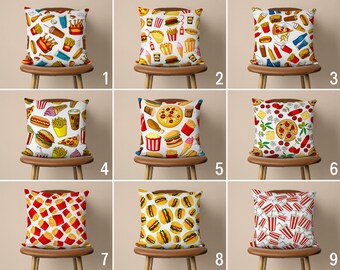 Fastfood Pillow Cover, Kitchen Cushion Cover, Hamburger & Pizza Pillow Case, Restaurant Decor, Gift for Kitchen, Couch Pillow Case